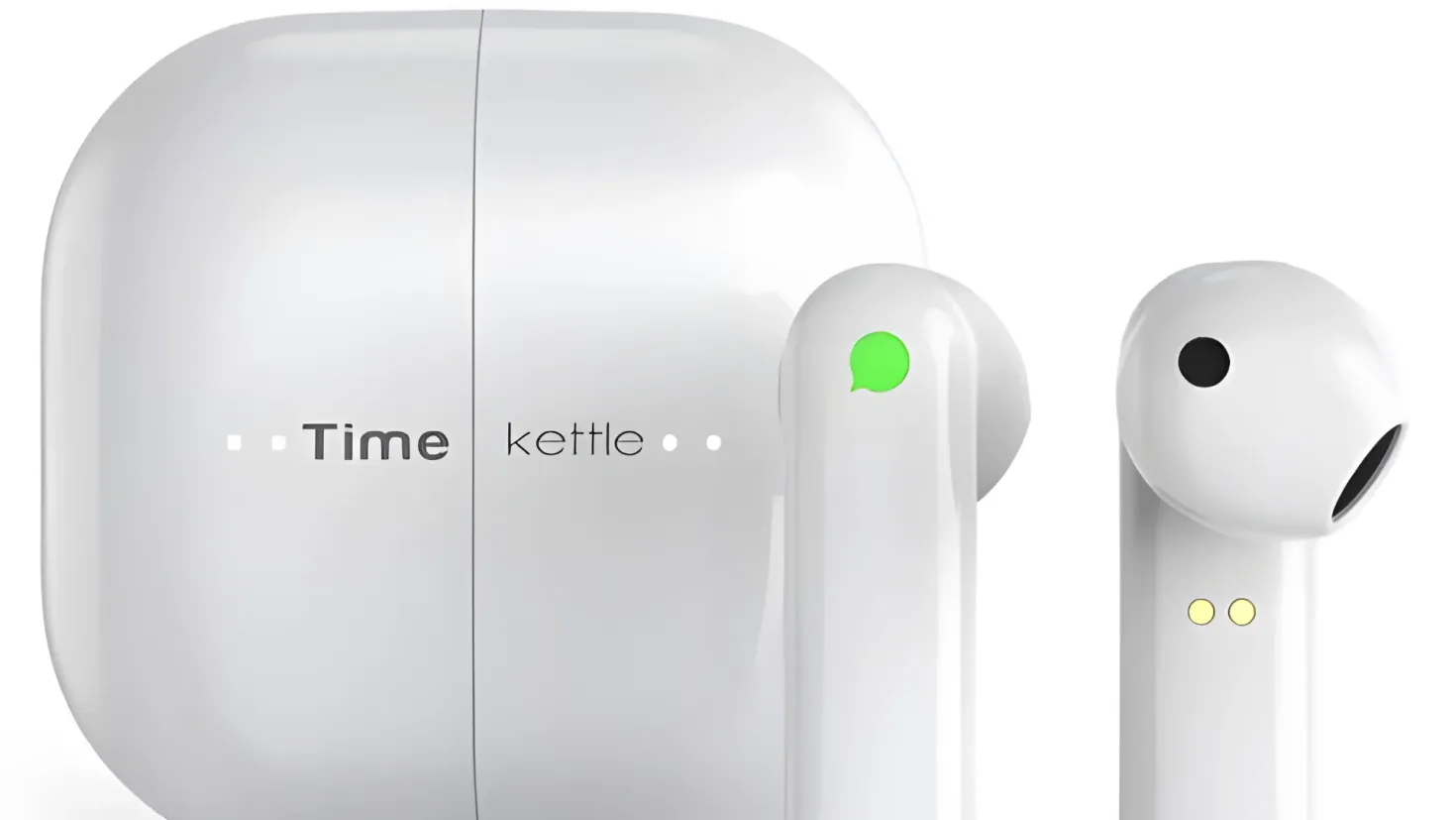 A pair of white Apple AirPods with the Time Kettle logo on them, set against a white background.