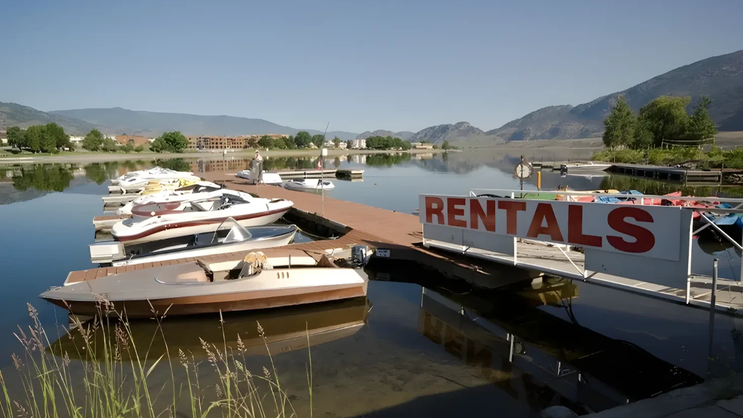 A dock with several boats docked at the end of it, surrounded by lush green grass and trees. In the background, there are hills and a clear blue sky. On the dock, there is a board with something written on it.