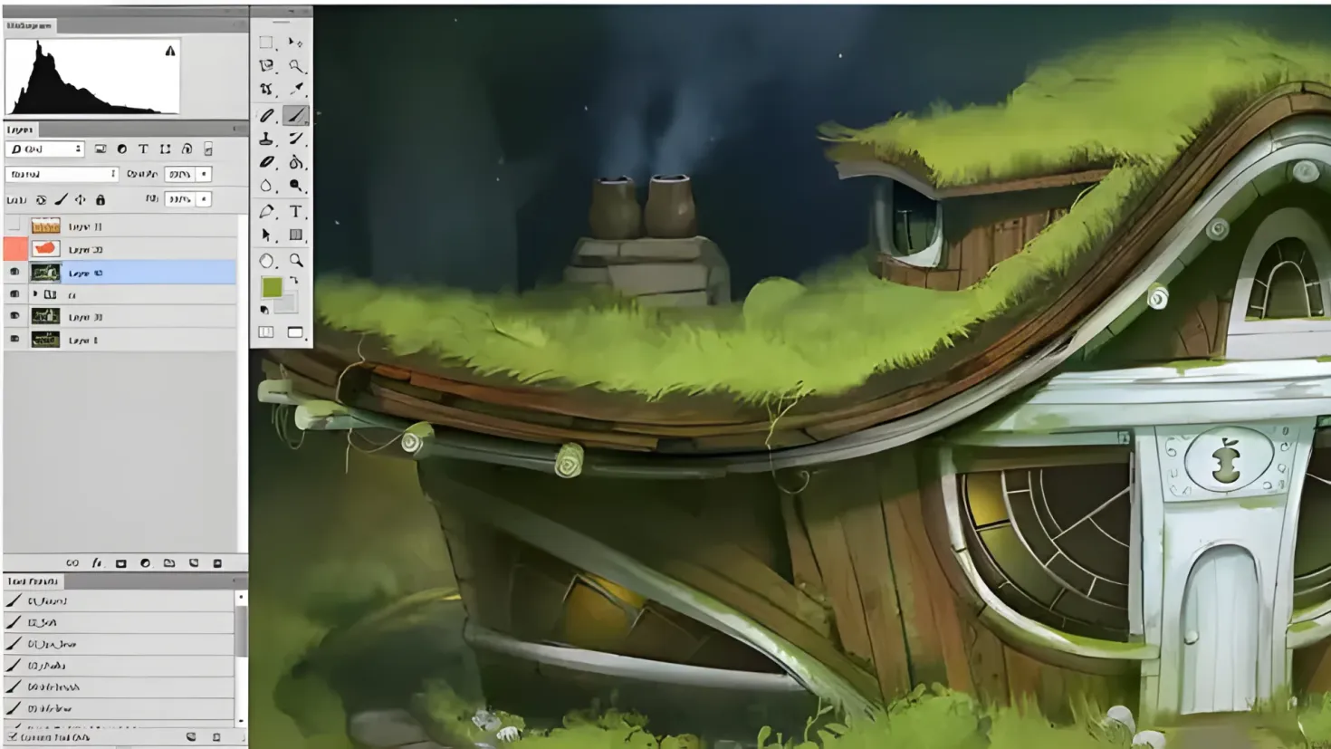 A computer screen with a drawing of a small house with a green roof, surrounded by grass and rocks. On the left side of the image, there are icons and text, suggesting that this is a tutorial on how to create a cartoon house in Adobe Illustrator.