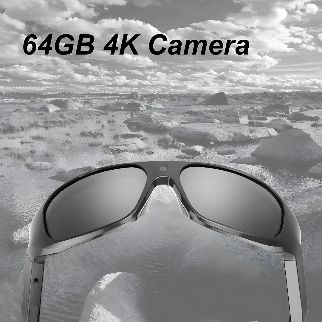 A pair of sunglasses with the words "64GB 4K Camera" on them, set against a backdrop of water, rocks, and a sky with clouds. The sunglasses are designed for both men and women and are compatible with both Android and iOS devices.