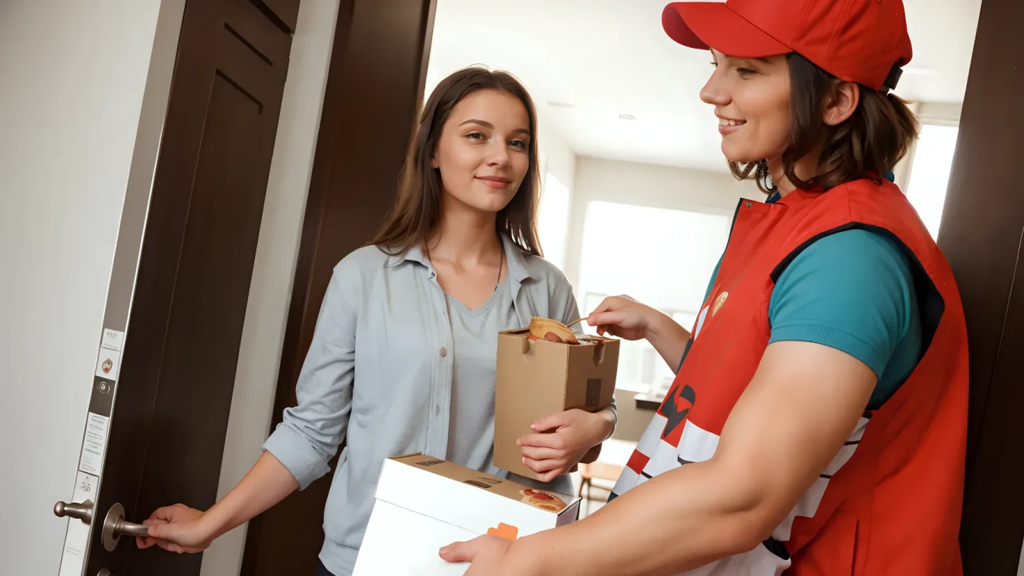 Two women standing in front of a door, each holding a box of food. The woman on the left is wearing a blue shirt and black pants, while the woman in the red cap is wearing an orange and blue dress. In the background, there is a white wall, a brown door, a glass window, and a white ceiling.