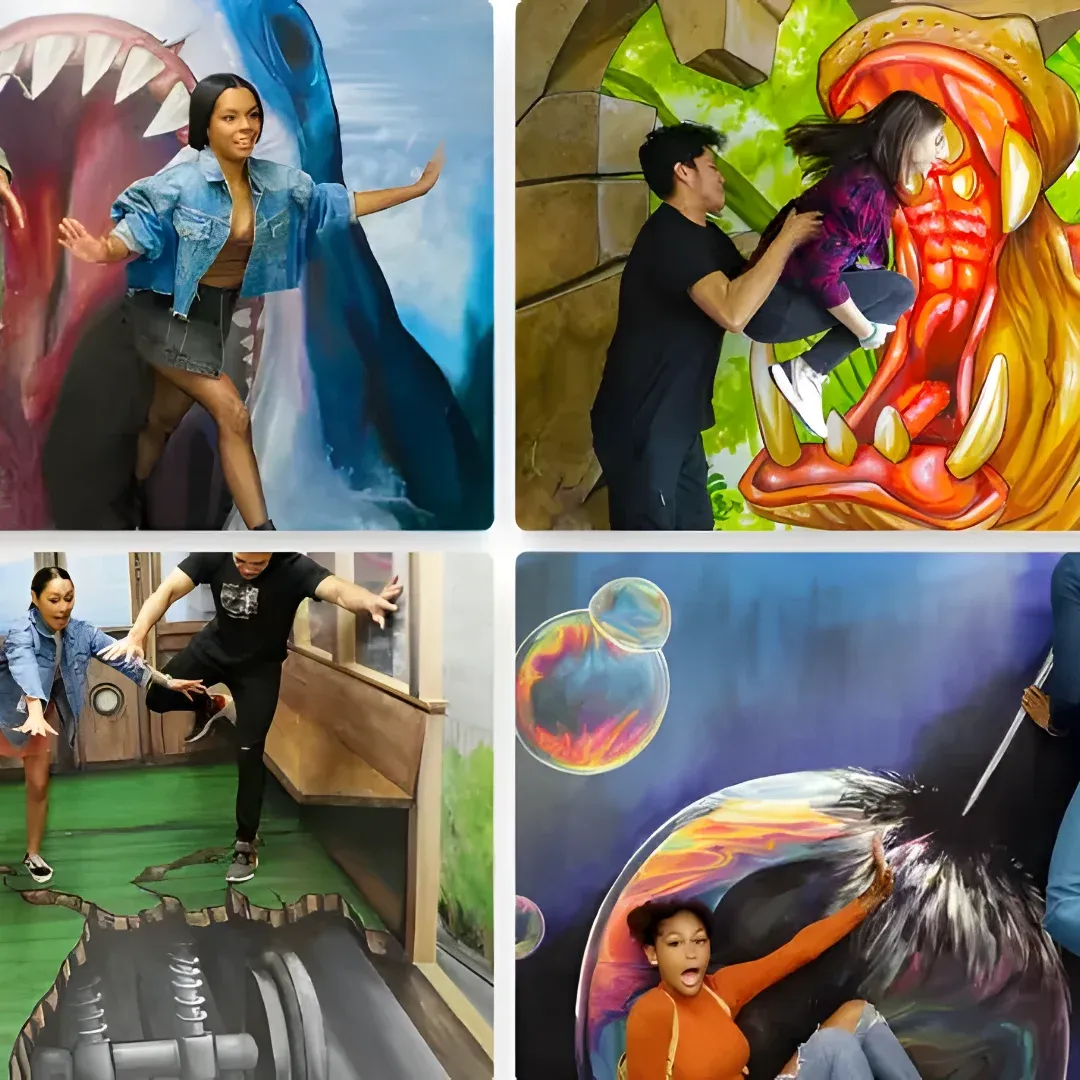 A group of people standing in front of a wall with a painting on it. The painting is vibrant and colorful, with a variety of hues and shapes. The people in the image are smiling and appear to be having a great time. The wall behind them is decorated with a colorful mural, adding to the cheerful atmosphere of the scene.