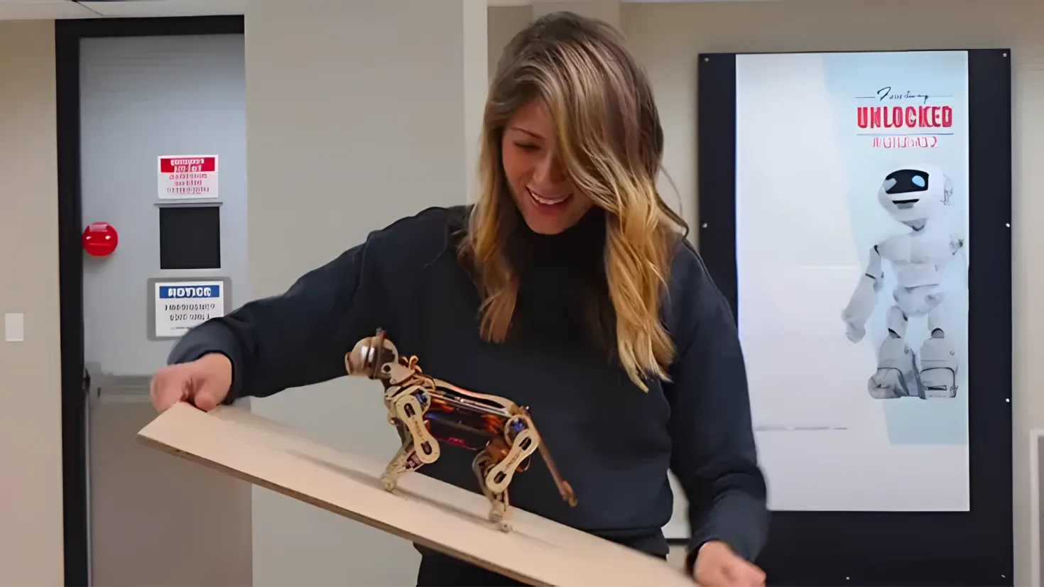A woman standing and smiling while holding a wooden object in her hands. On the right side of the image, there is a board with a picture of a robot on it, and in the background there are boards attached to the wall and a door.