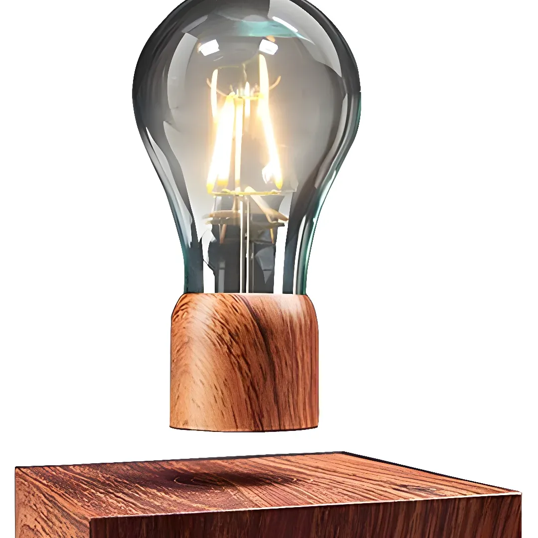A wooden table lamp with a light bulb on top of it, set against a white background.