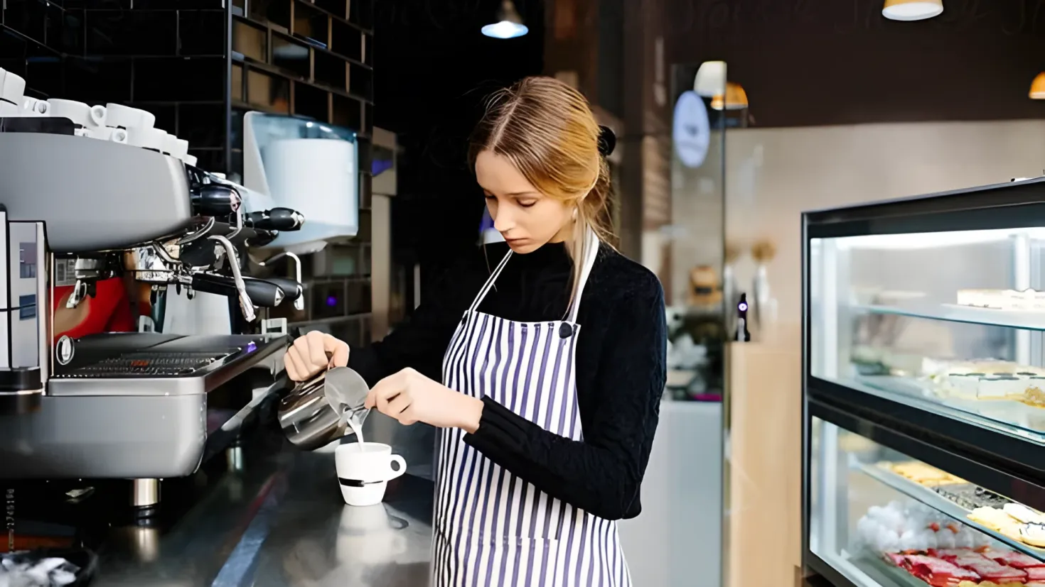 A woman in an apron standing in front of a coffee machine, holding a cup and saucer in her hands. On the left side of the image, there are several coffee machines, and on the right side, there is a glass display case filled with food items. In the background, there appears to be a wall.