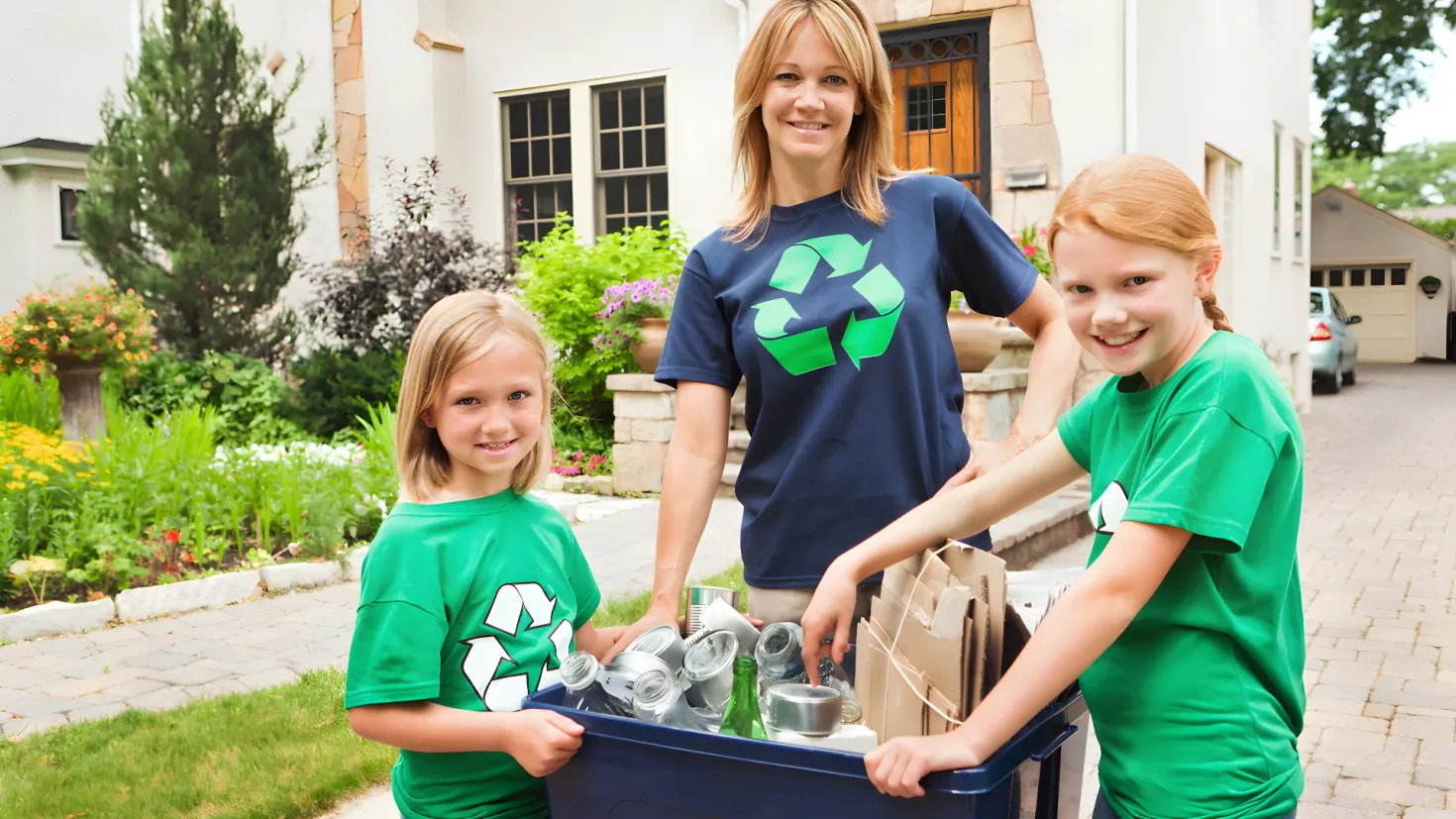 A woman and two young girls in green t-shirts standing next to a blue recycling bin filled with cans and other objects. In the background, there are buildings, trees, plants, flowers, grass, a car, and a clear blue sky.