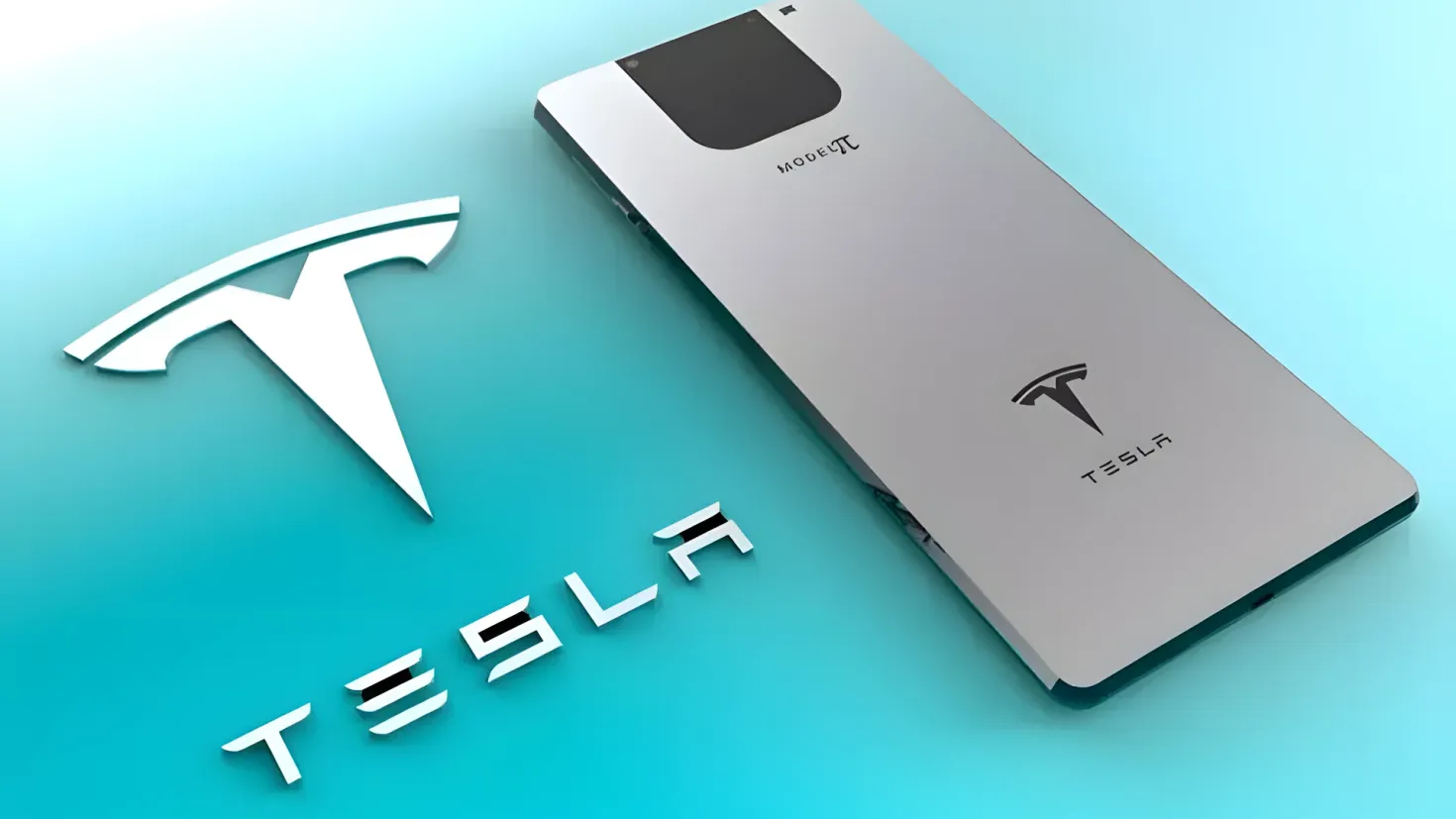 A Tesla power bank on a blue background with the Tesla logo prominently displayed. The power bank is a sleek, modern design with a black and silver color scheme. The logo is a stylized Tesla symbol with the words "Tesla" written in bold, white lettering.