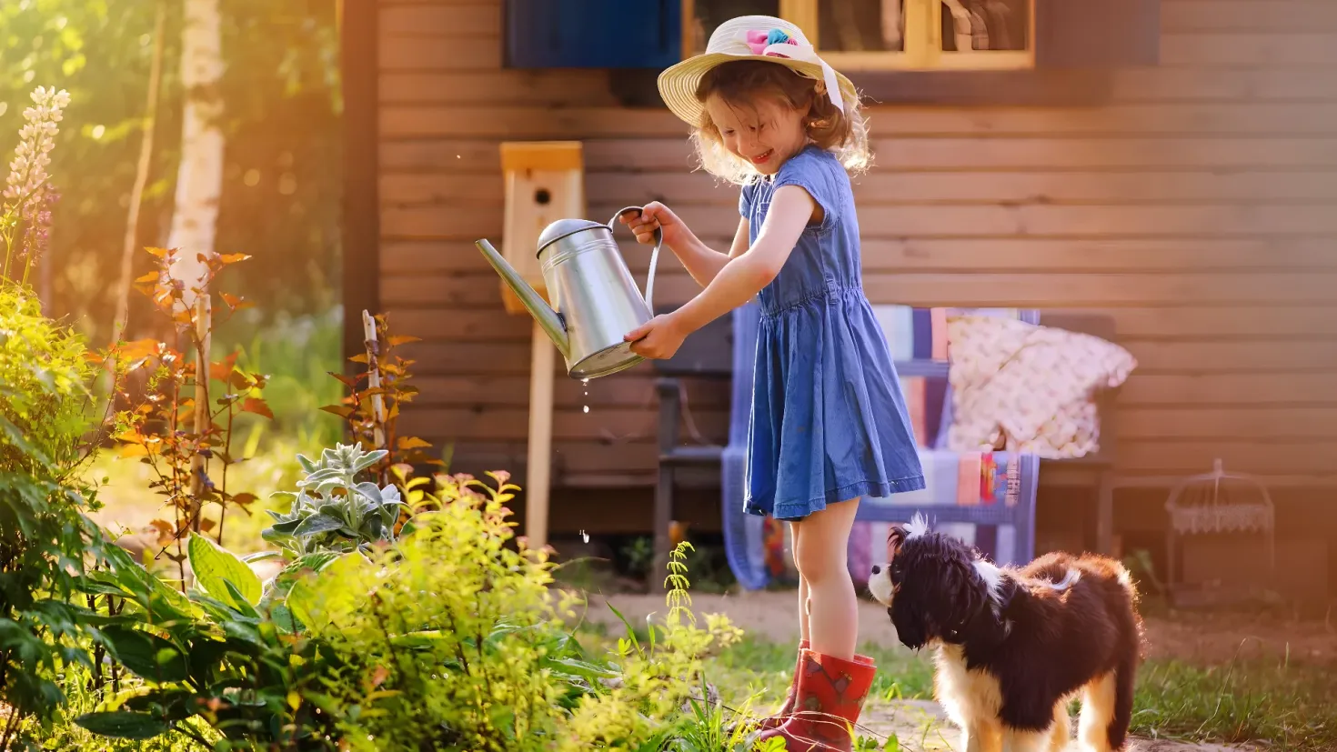 A little girl wearing a hat and boots, holding a watering can and watering a dog in a garden. The garden is filled with lush green grass, plants, and trees, and there is a house with a window in the background.