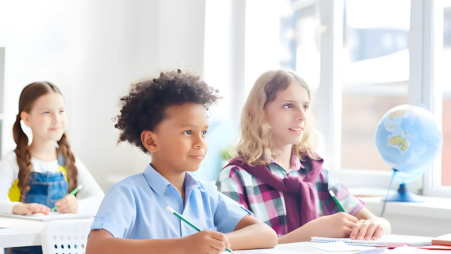 Three children sitting at a desk in front of a window, each holding a pencil in their hands. On the desk there are books, papers, and other objects, and in the background there is a globe on a stand and a cupboard. The children appear to be studying, suggesting that the image is meant to illustrate the importance of learning and education.