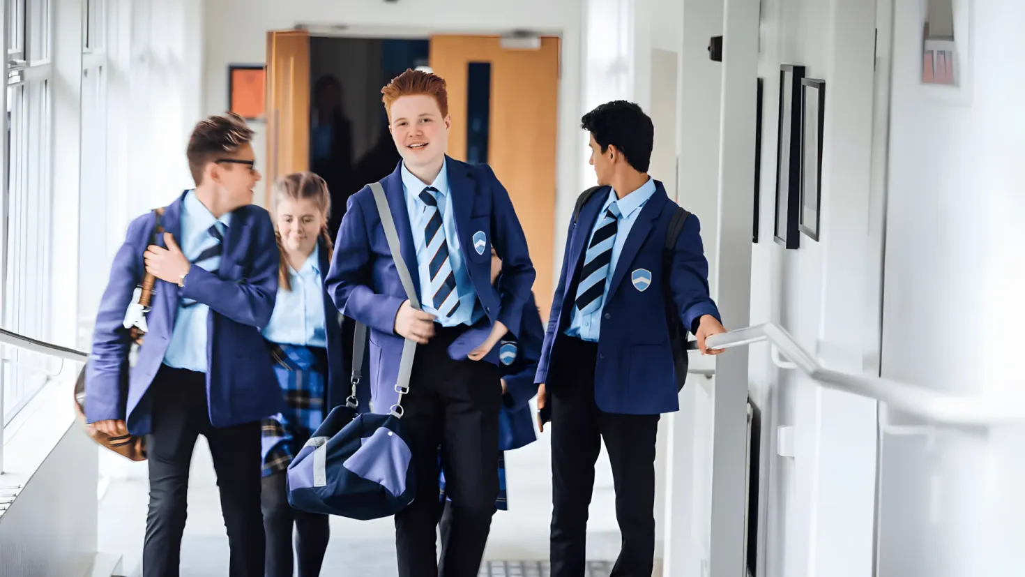 A group of four young men in school uniforms walking down a hallway, with two of them carrying bags. On the right side of the image, there is a railing, and in the background, there are doors and a wall.