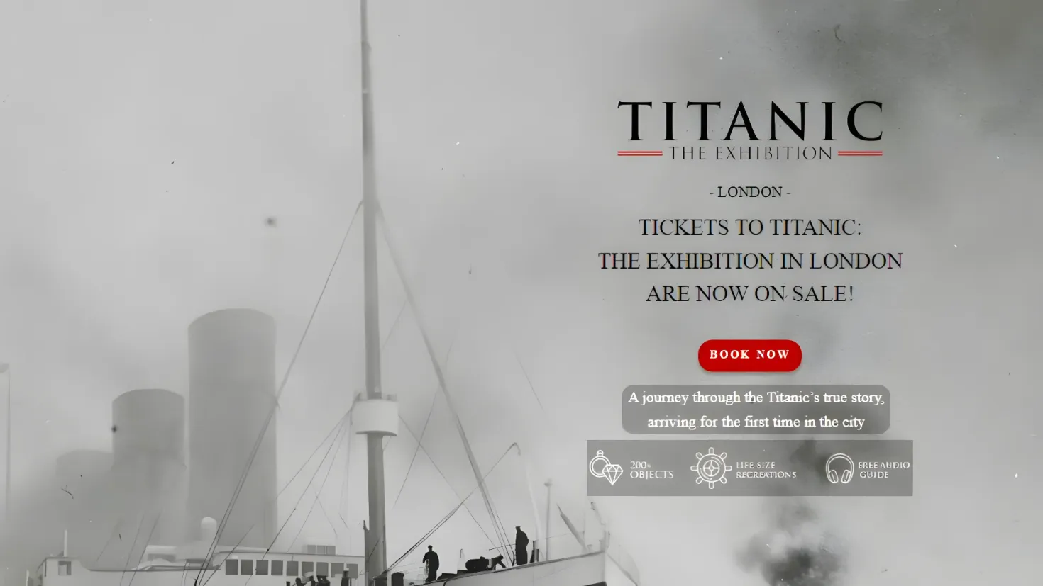 A black and white picture of a ship with a few people standing on it, surrounded by poles, ropes, and other objects. On the right side of the image, there is text that reads "Titanic - Tickets to Titanic - The Exhibition in London are Now on Sale".