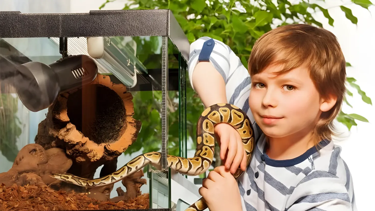 A young boy holding a snake in front of a reptile tank, with a tree in the background. The tank is filled with soil and other objects, and the boy is looking intently at the snake.