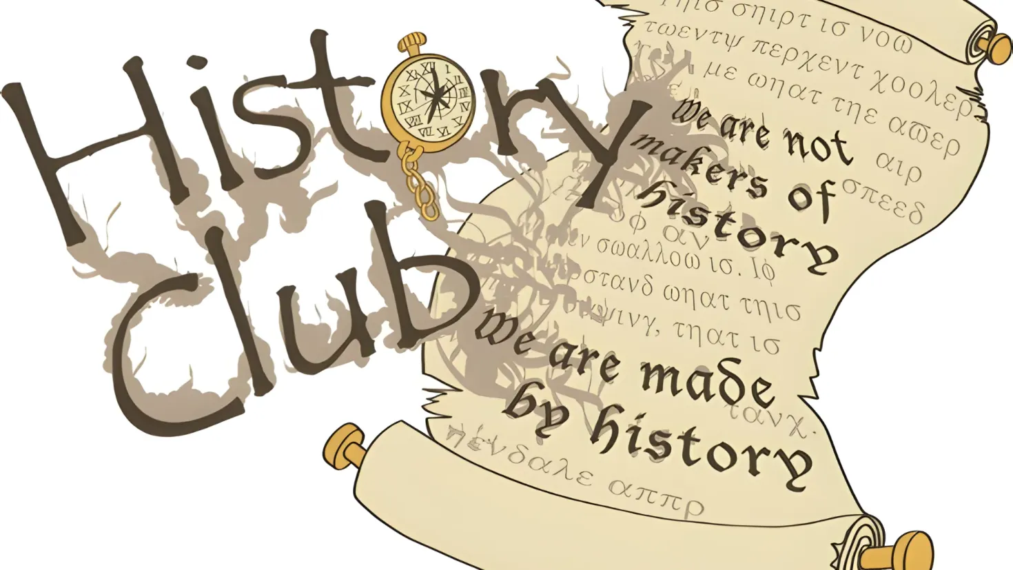An animated scroll with the words "History Club" written on it, accompanied by a clock.