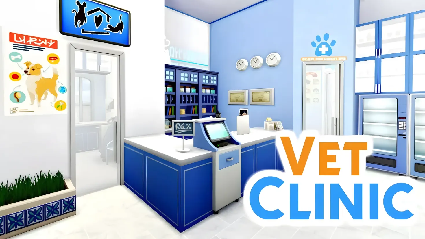 An animated veterinary clinic with a blue and white color scheme. On the left side of the image, there is a plant in a pot, and on the right side, there are glass doors. In the center of the picture, we can see a monitor, keyboard, mouse, and other objects on the table, as well as frames and clocks on the wall. There are also cupboards and a door in the background, and something written on the image.