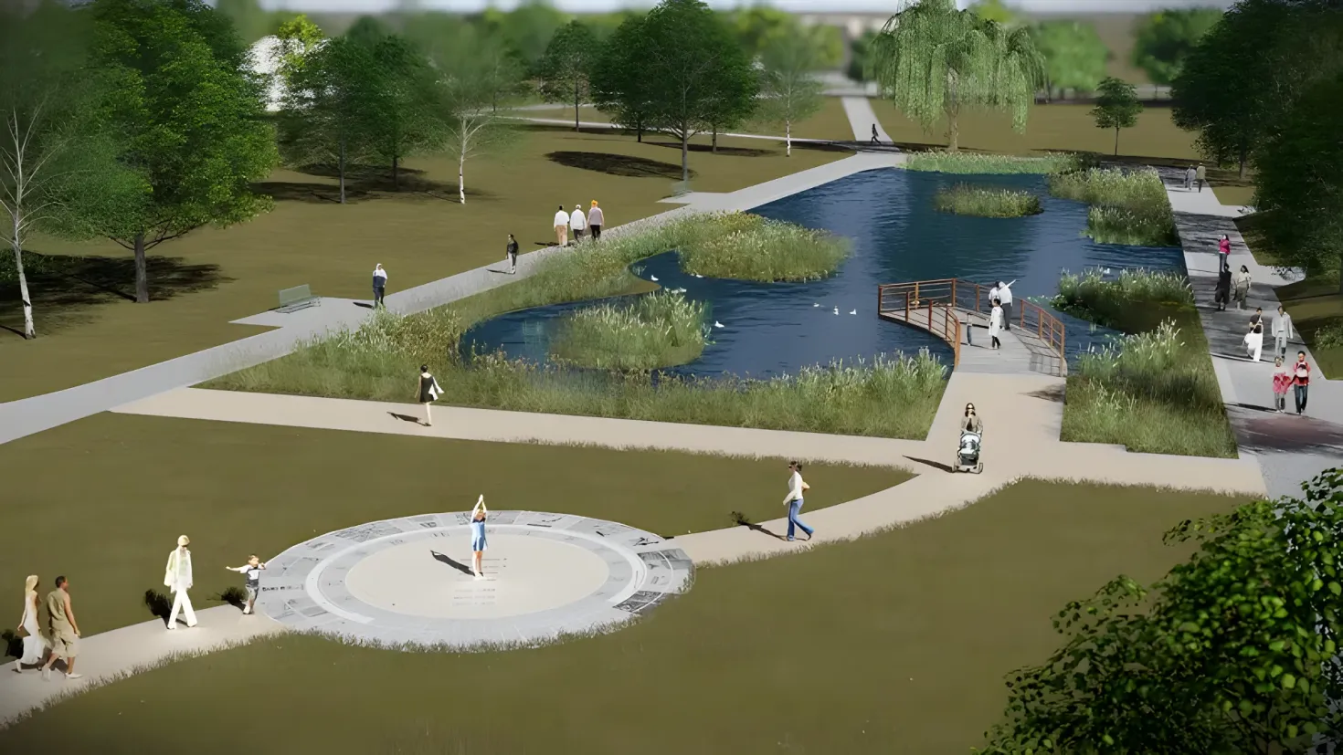 An artist's impression of a park with a pond in the middle of it, surrounded by lush green grass, plants, and trees. There are a few people walking around the pond, some of them carrying bags, and a person sitting on a bench. The sky is visible in the background, and there is a watermark on the image.