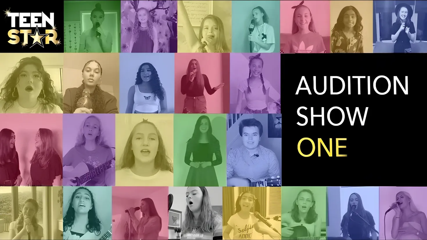 A collage of photos of women singing into microphones, with the words "Teen Star Audition Show One" written across the top. The women in the photos are all smiling and appear to be in the middle of a performance.