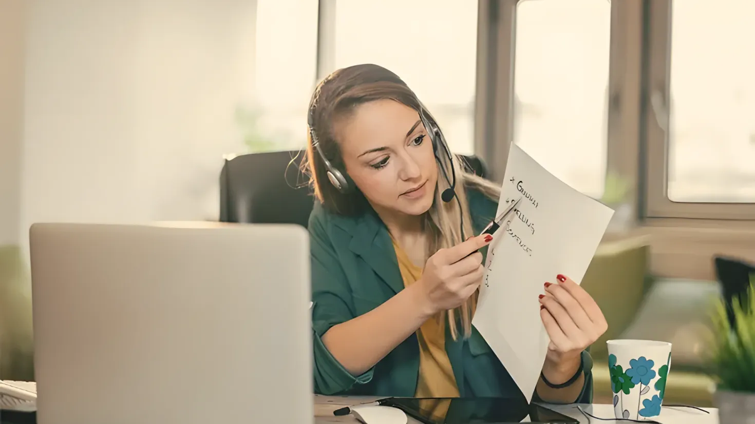 A woman sitting at a desk with a laptop, wearing a headset and holding a piece of paper in her hand. On the desk there is a monitor, keyboard, mouse, cup, and other objects. In the background, there are windows and a wall, suggesting that the woman is in an office setting. She appears to be a call center operator, as indicated by the text on the paper.