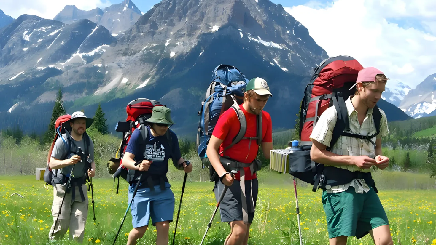 A group of four people walking through a field of yellow flowers, wearing backpacks and holding sticks. In the background, there are trees, mountains, and a clear blue sky.