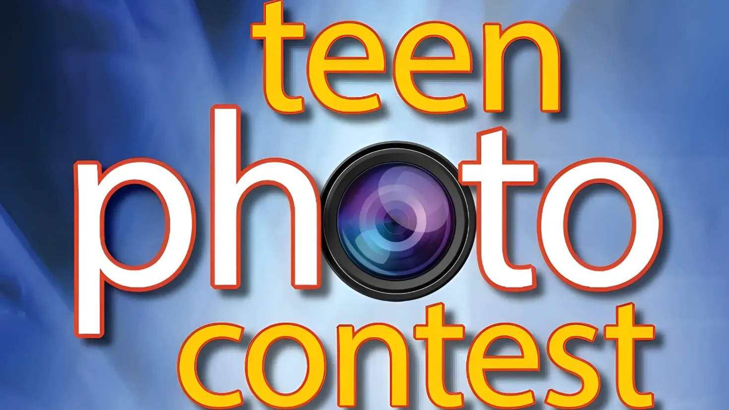 A poster with the words "Teen Photo Contest" written in bold, white font against a bright blue background. In the center of the poster is a camera lens, surrounded by a white border. The lens is a bright yellow color, and the text is centered in the middle of the image.