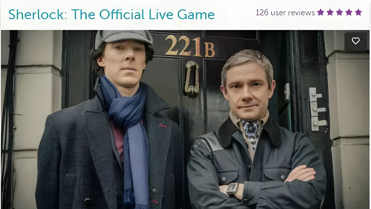 Two people standing in front of a door with numbers on it, with a wall in the background. At the top of the image is text that reads "Sherlock: The Official Live Game".