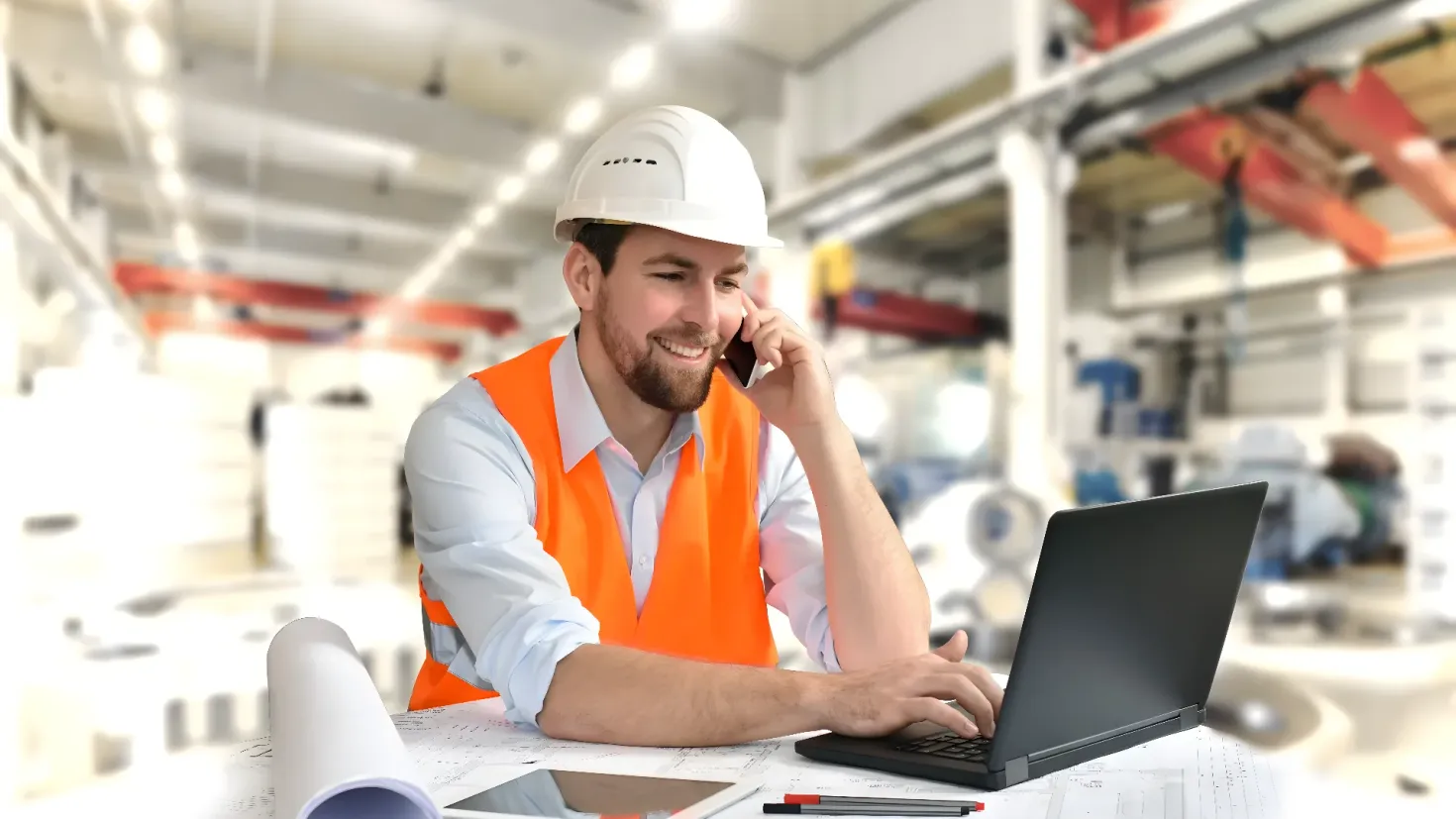 A man in an orange vest and hard hat sitting at a desk with a laptop, a tablet, a pen, and some charts spread out in front of him. He is smiling and talking on the phone, while the background is slightly blurred.