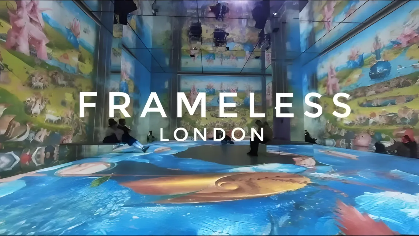 A group of people standing in front of a large painting on the wall of a frameless London exhibition. The painting is vibrant and colorful, with a variety of shapes and sizes. The people in the image are looking up at the painting, admiring its beauty and craftsmanship. The text in the middle of the image reads "Frameless London Exhibition".