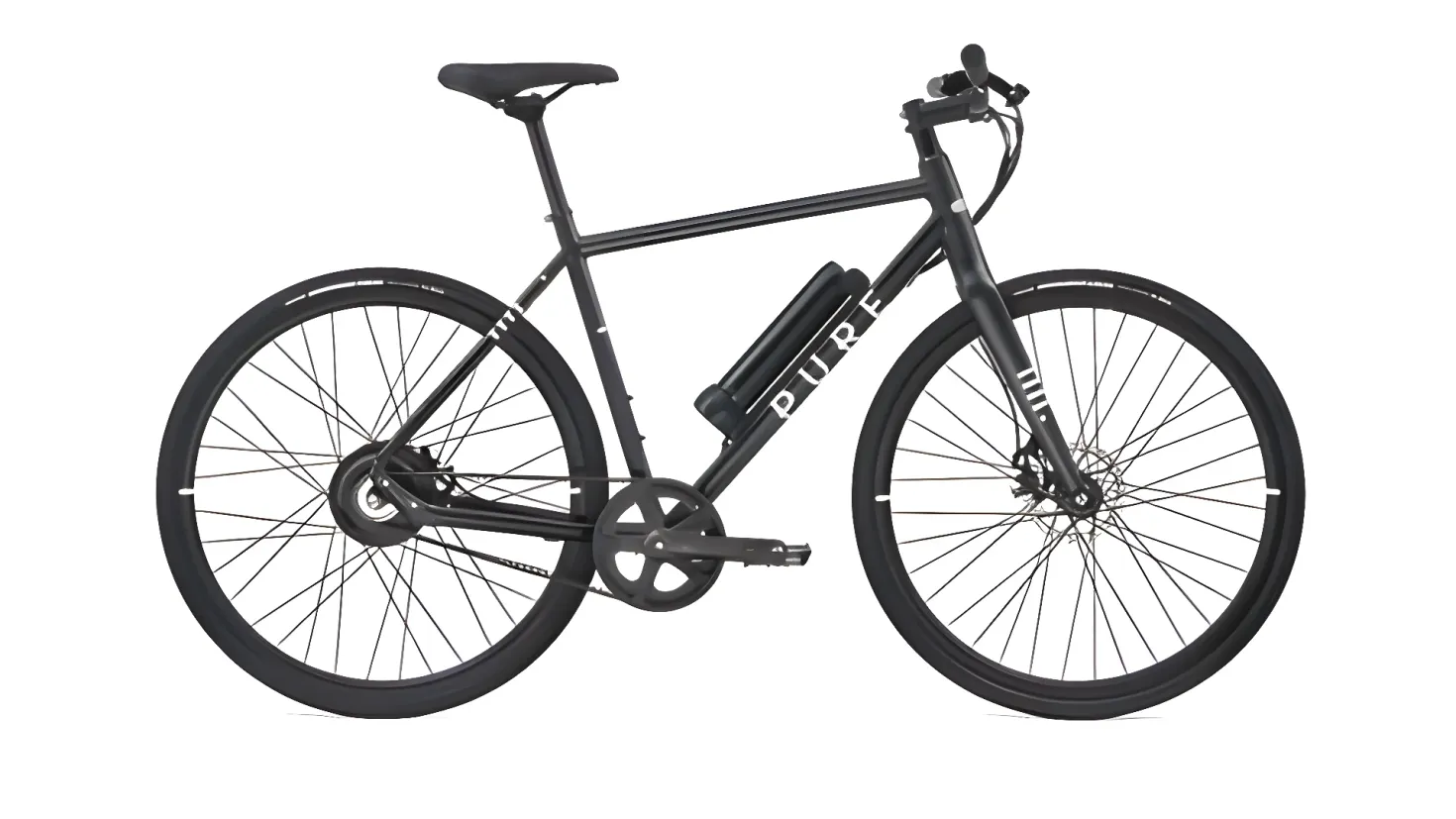 A black electric bike on a white background. It has a sleek design with a black frame and white accents. The bike has a comfortable seat and handlebars, and the wheels are large and sturdy. The handlebars are curved and the tires are knobby, giving the bike a modern and stylish look.