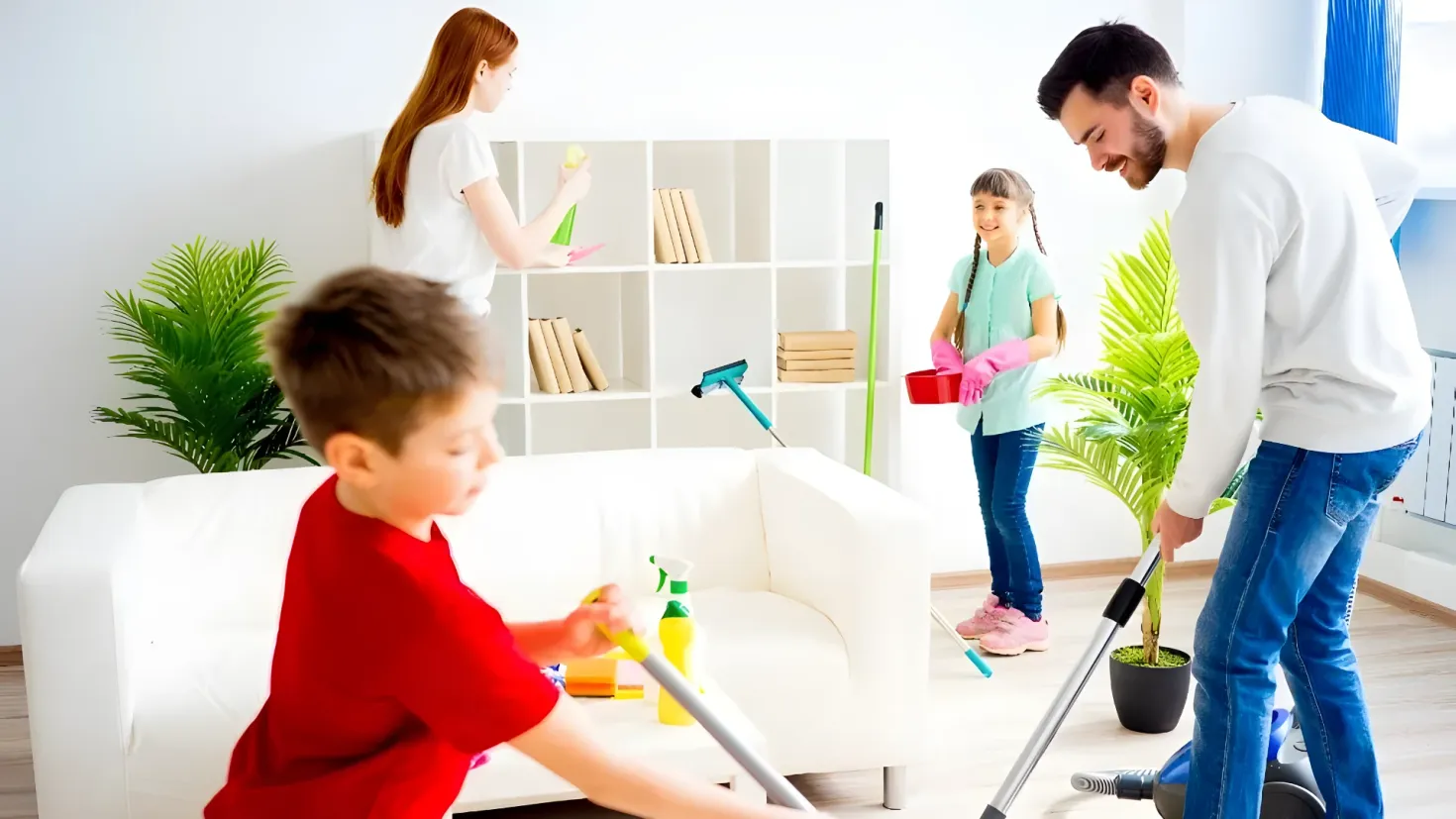 A family of four - a man, woman and two children - cleaning the floor with a mop. The man is standing on the right side of the image, holding a vacuum cleaner, while the woman and children are standing on either side of him. In the background, there is a sofa, houseplants, books and other objects in the racks, and a window with a curtain.
