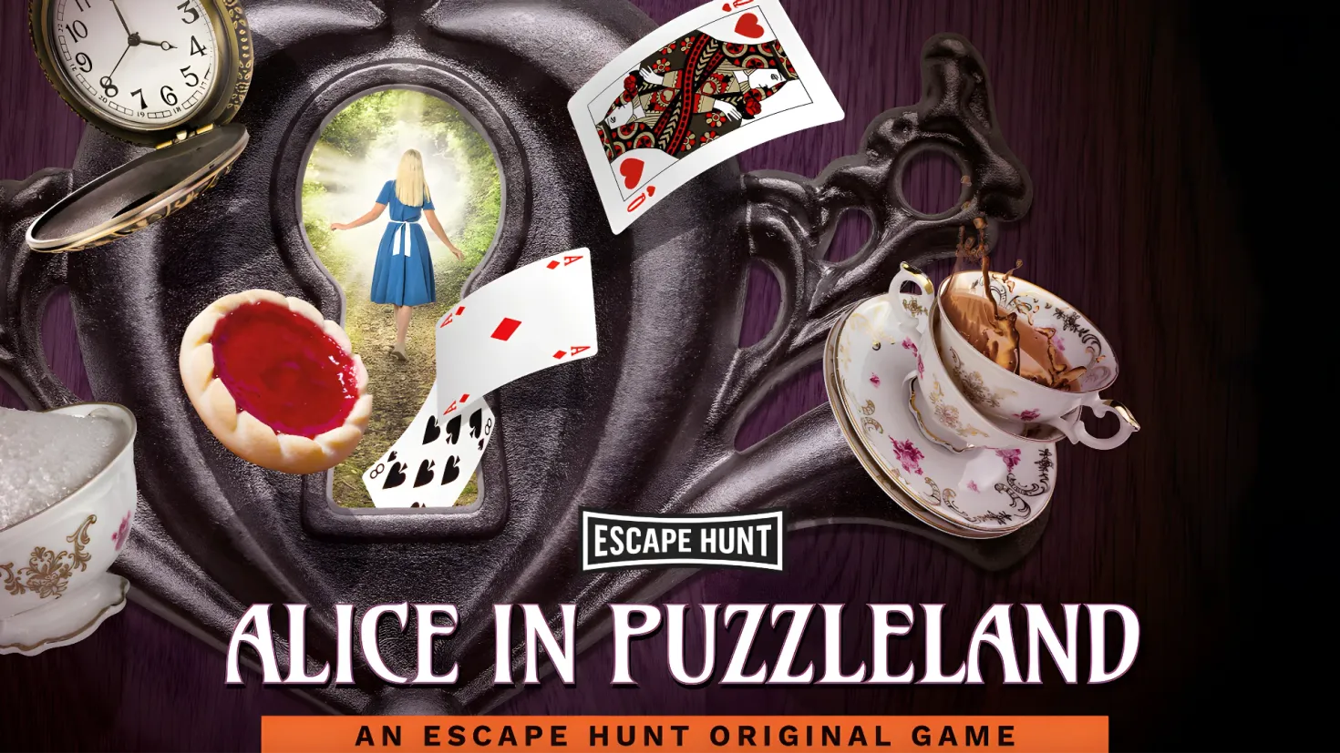 An advertisement for an escape hunt game called Alice in Wonderland. It features a picture of Alice standing in a blue dress, surrounded by playing cards, a cup and saucer, a clock, and other objects. At the bottom of the image, there is text that reads "Alice in Wonderland Escape Hunt".