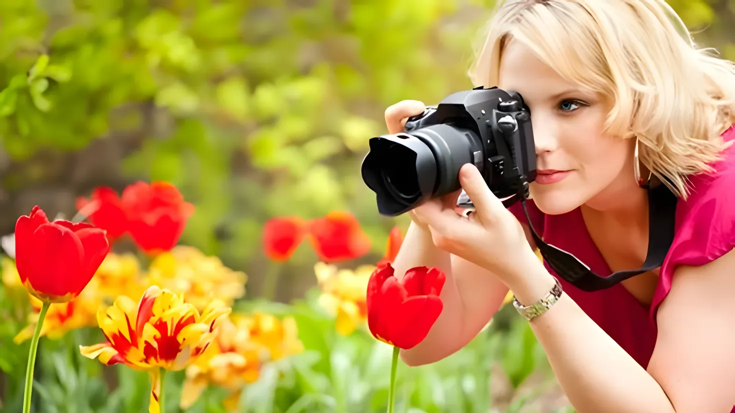 A woman taking a photo with a camera in a field of vibrant red and yellow tulips, surrounded by lush green plants.