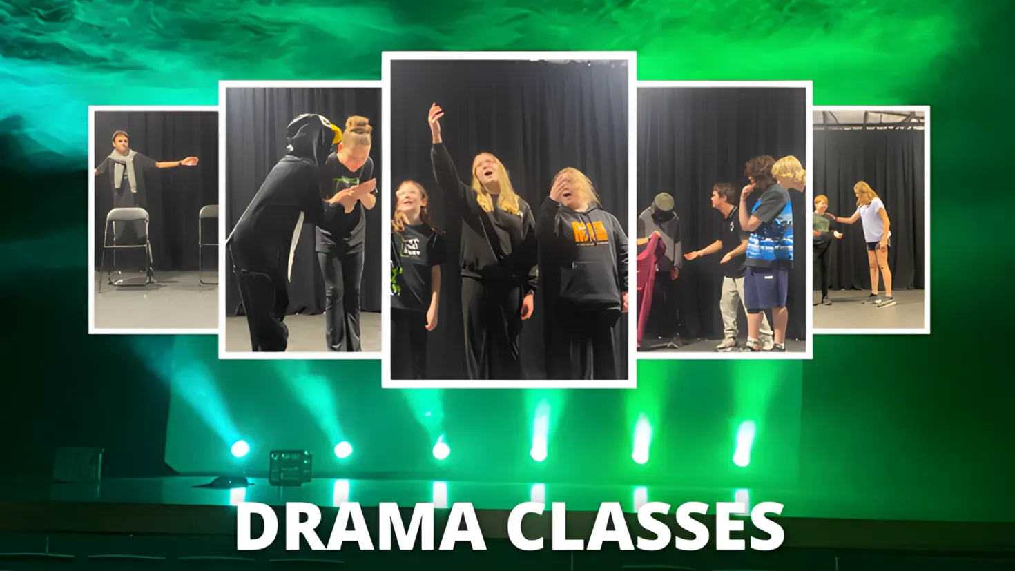 A group of people standing on top of a stage, illuminated by lights and surrounded by curtains. At the bottom of the image, there is text that reads "Drama Classes".