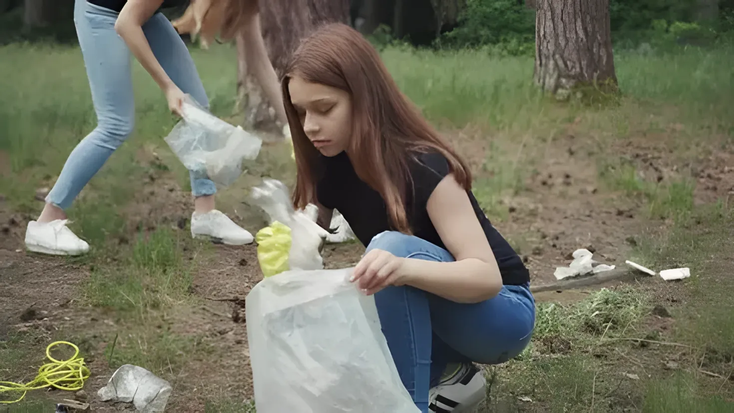 Two women picking up trash in the woods. The woman in the foreground is wearing a black t-shirt and blue jeans, while the other woman is wearing sneakers. The background of the image is filled with lush green grass, plants, and trees.