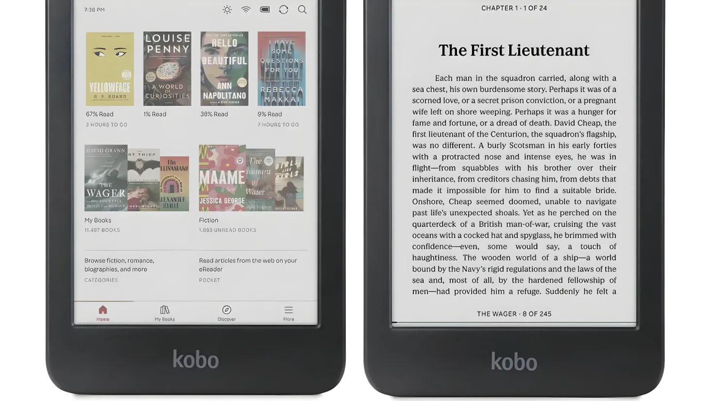 Two electronic devices, the Kobo Aura H2O and the Kindle Paperwhite, side by side. Both devices have a sleek, modern design with a black finish and a large touchscreen display. The Kobo logo is prominently displayed on the front of each device, indicating that it is a popular choice for those looking for a reliable and stylish device.