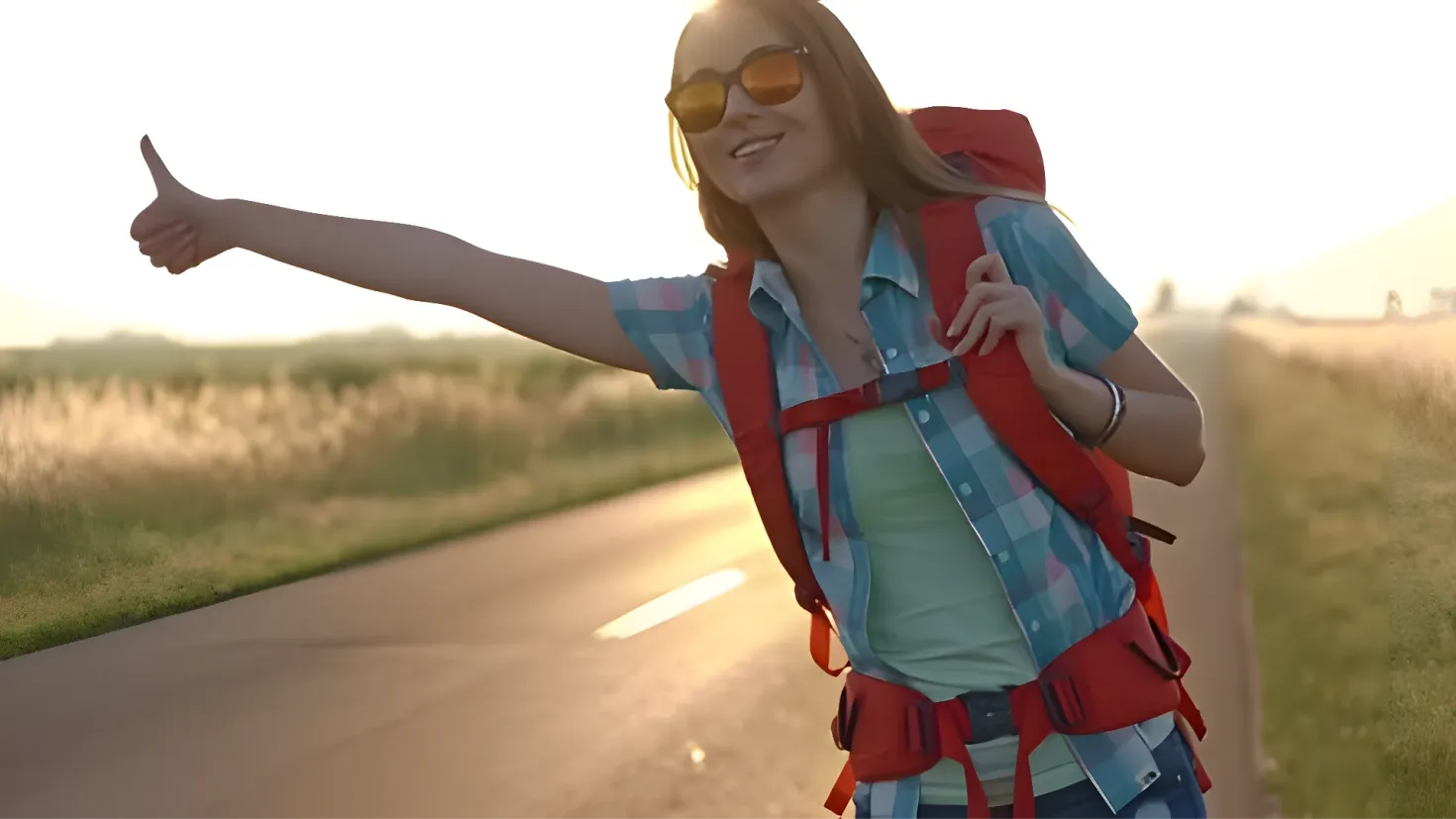 A woman wearing a backpack and sunglasses, giving a thumbs up while walking down a road surrounded by grass and trees with a clear blue sky in the background.
