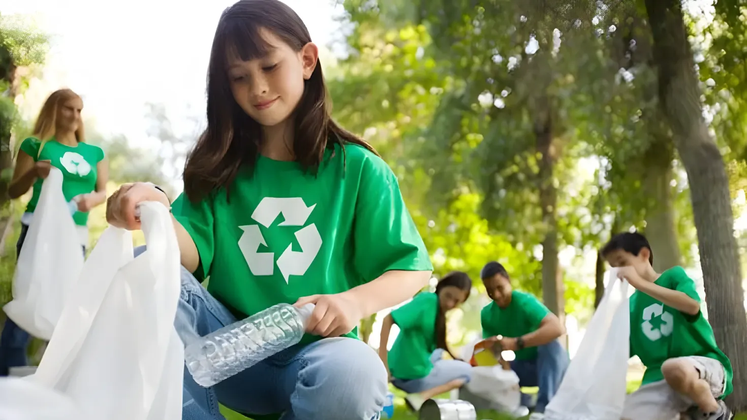 A group of children in green shirts picking up trash in a park. The girl in the center is holding a bottle in her hand, while the other children are sitting on the grass around her. The background of the image is filled with trees and a clear blue sky.