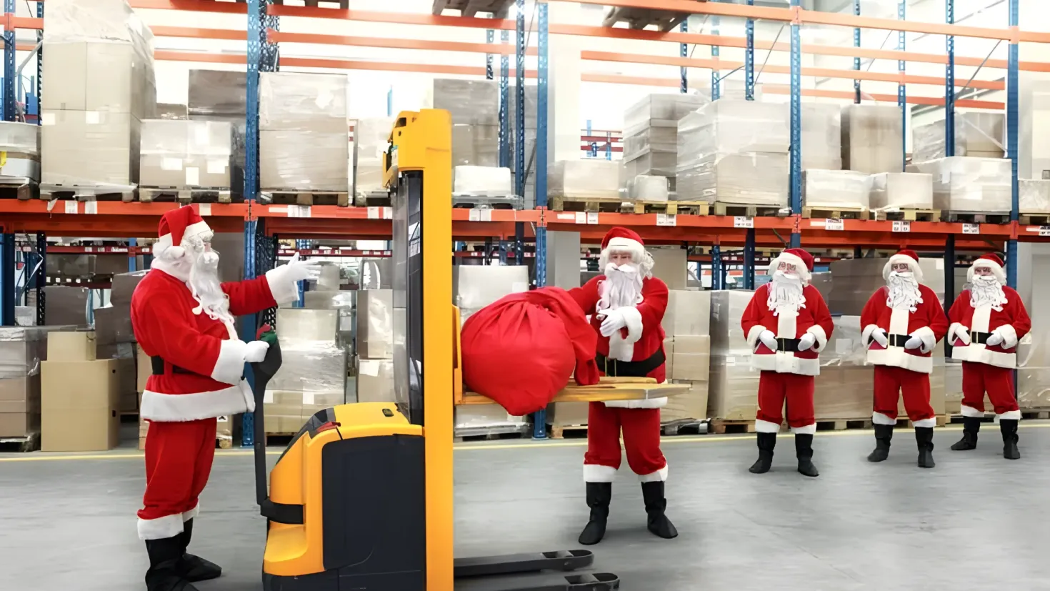 Santa Claus standing in front of a forklift in a warehouse, surrounded by a group of people wearing Santa Claus costumes. On the left side of the image, there is a person holding a bag, and in the background there are racks filled with cardboard boxes and other objects.