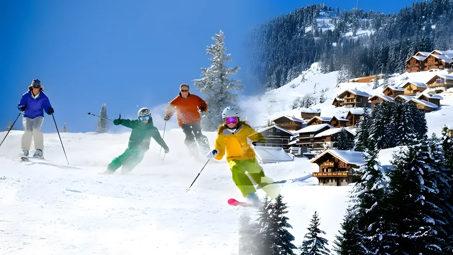 A group of people skiing down a snow covered slope, wearing coats, helmets, goggles, gloves, and holding ski poles. In the background, there are trees and houses, and the sky is visible at the top.