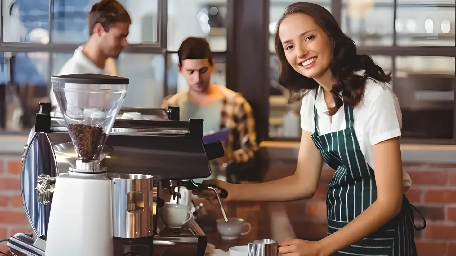A woman in an apron standing in front of a coffee machine, smiling. On the table beside her are cups, saucers, and other objects. In the background, two men and a woman are standing, and through the glass windows in the background.