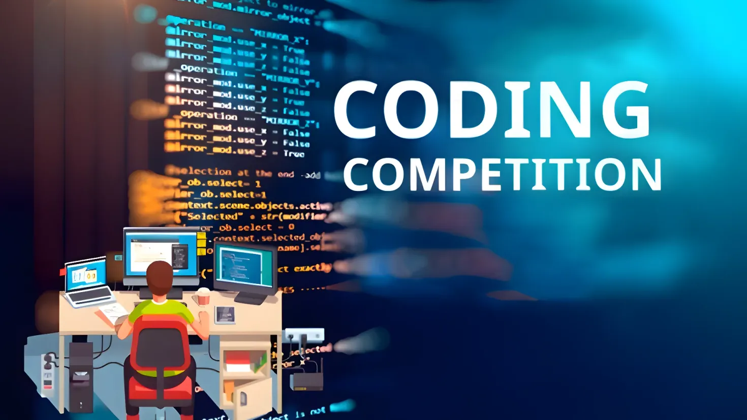 A man sitting at a desk in front of a computer with the words "Coding Competition" written on it. On the desk there are monitors, keyboards, mouses, and other objects, and in the background there is a screen with text. The image is animated, suggesting that the man is participating in a coding competition.