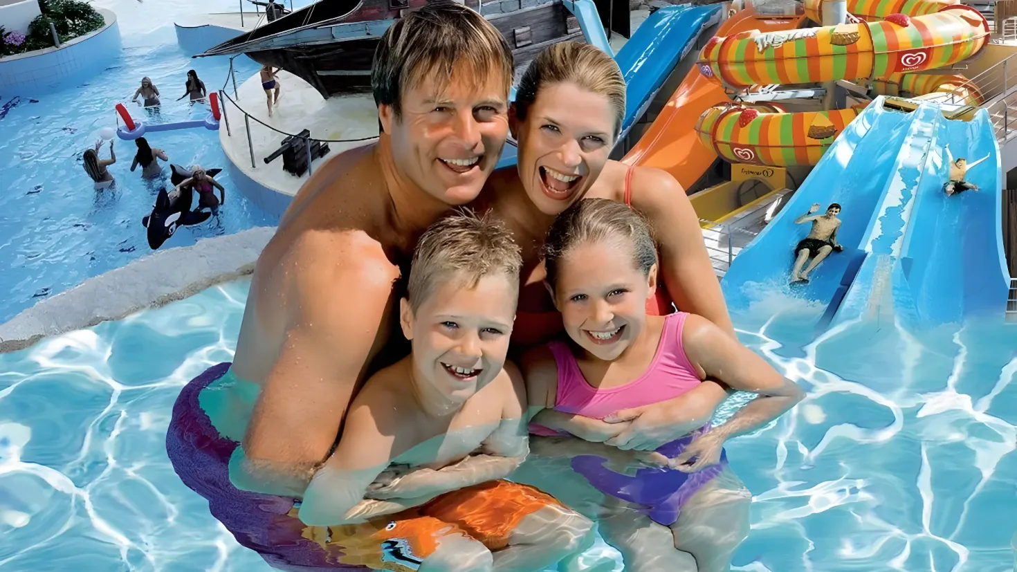 A family of four - a man, woman and two children - smiling and posing for a photo in a swimming pool. In the background, there are a number of people in the pool, some of them sitting and some standing, as well as a water slide. On the right side of the image, there is a railing, and on the left side, there appears to be a boat.