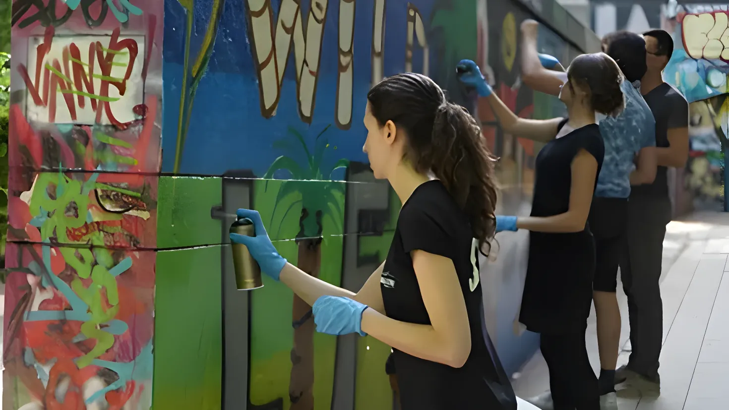 A group of people standing on the ground, some of them wearing gloves and holding spray bottles, while a woman in a black dress is painting a wall with graffiti on it. On the left side of the image there are some plants, and in the background there are buildings.