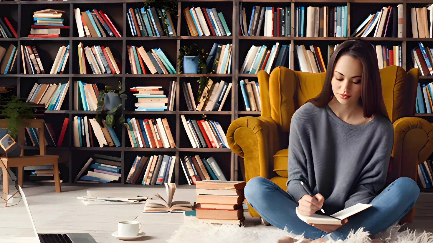 A woman sitting on the floor in front of a book shelf, reading a book. She is surrounded by books, a laptop, a cup with saucer, and other objects on the carpeted floor. In the background, there are bookshelves filled with books, houseplants, and a chair.