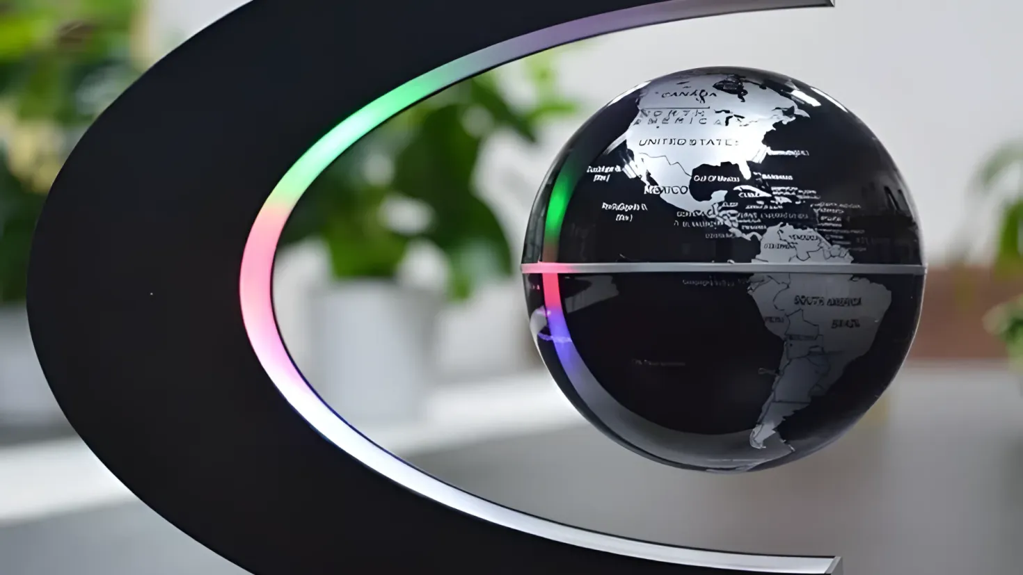 A black and white globe sitting atop a table, with a black object in the foreground and a few plants in the background, all of which are slightly blurred.