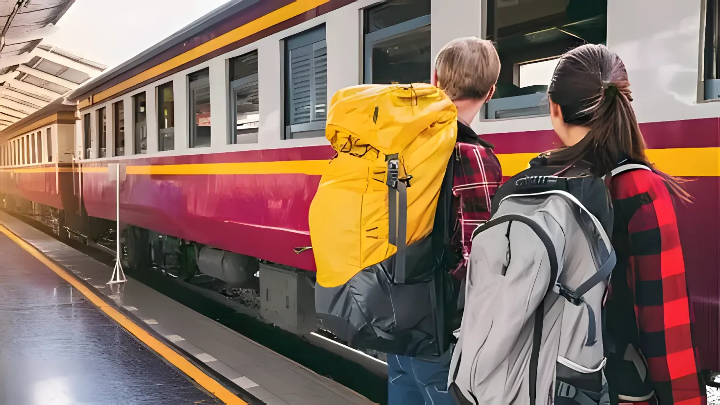 A man and woman standing next to a train at a station, both wearing backpacks. The train is on the railway track, with a platform on the left side and a shed on the right side. The sky is visible at the top of the image.