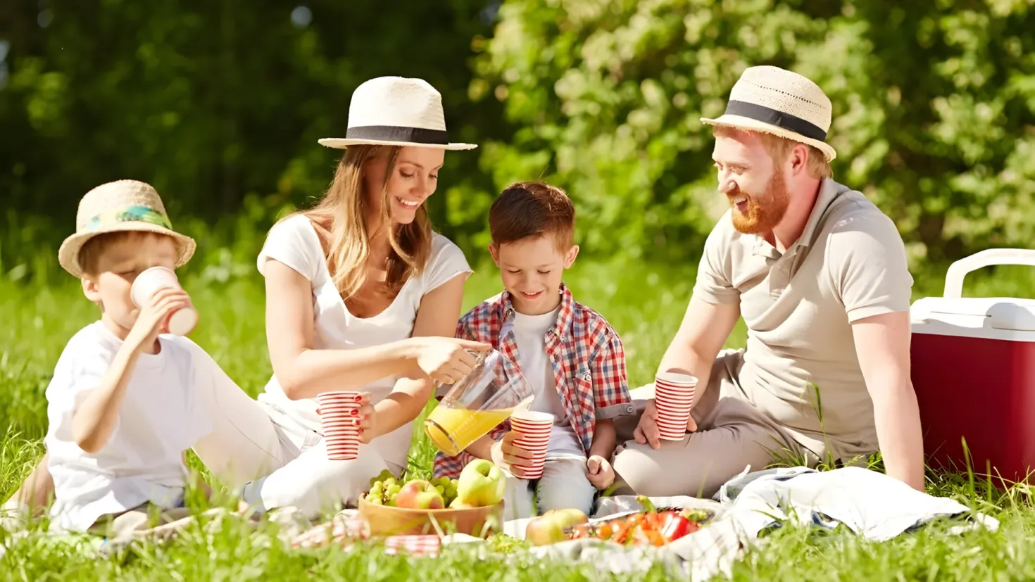 A family of four - a man, woman and two boys - sitting on the grass in a park, enjoying a picnic together. They are all wearing hats and holding glasses, and there is a basket of fruits and a cloth spread out in front of them. To the right of them is a cooler, and in the background are trees.