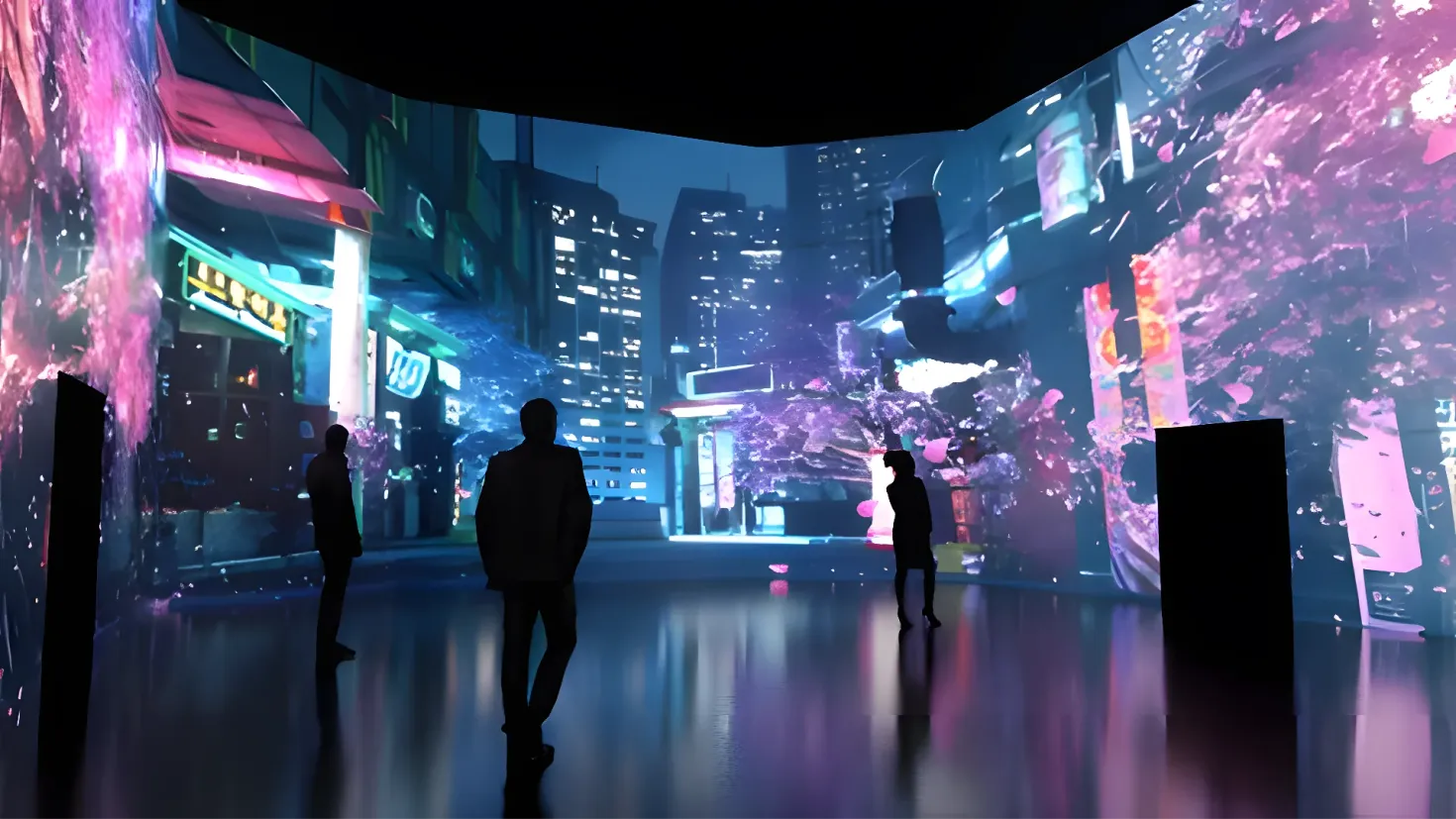 A group of people walking through a city at night, illuminated by the lights of the buildings and the stars in the night sky. The people are walking on the floor, and the image is animated, giving it a lively and vibrant atmosphere.