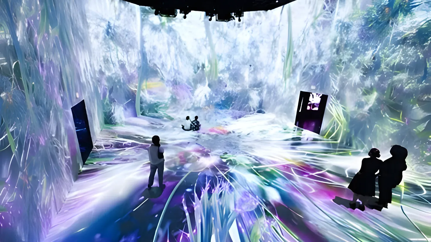 A group of people standing in front of a waterfall, illuminated by lights at the top. In the center of the image, there is a person wearing a walking shoe.