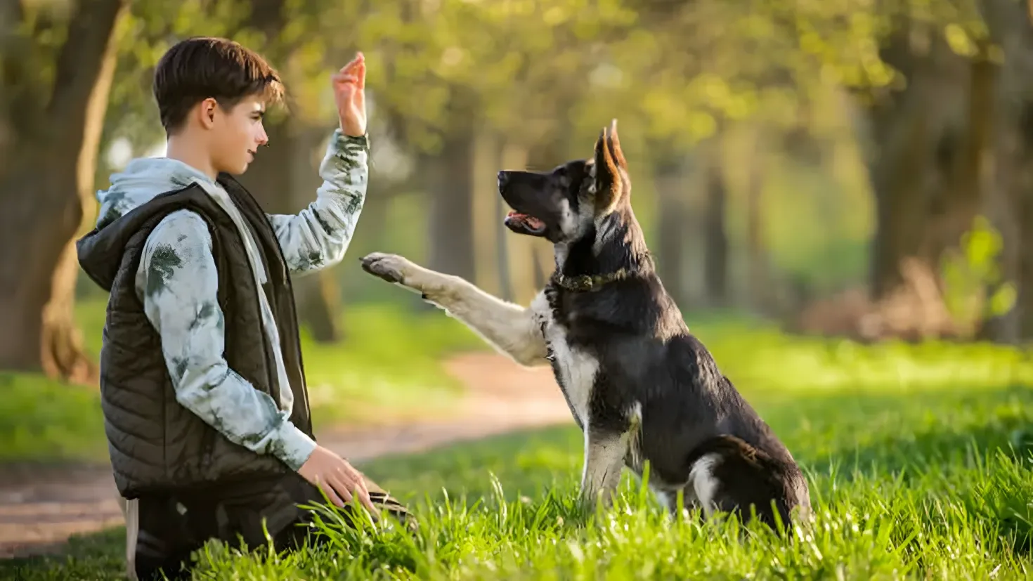 A young boy kneeling down in the grass with his dog, surrounded by trees in the background.