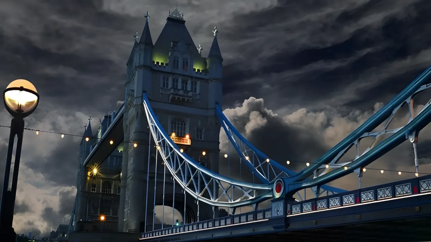 Tower Bridge in London at night, illuminated by street lights and surrounded by buildings, trees, and a cloudy sky.