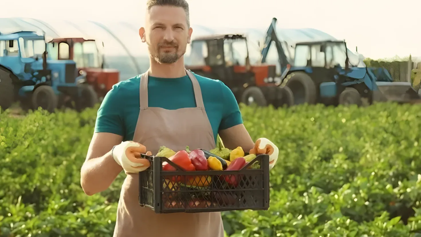 A man wearing an apron and gloves, holding a crate full of vegetables in a field. In the background, there are several tractors and a clear blue sky.